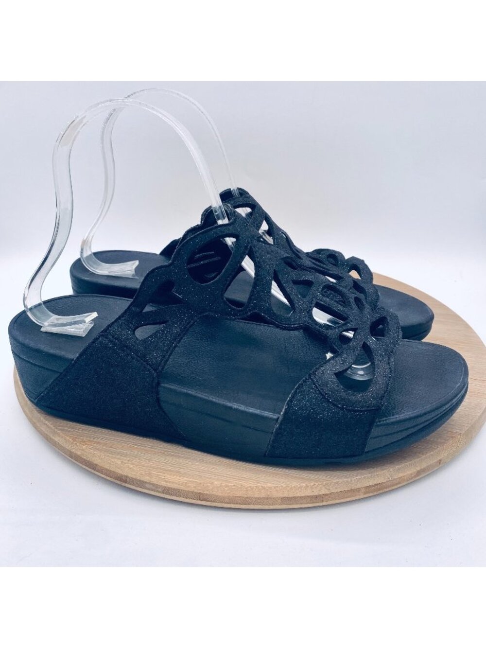 Fitflop Sandals Womens 8 Black Leather Comfort Bumble Recovery Wedge Glitter